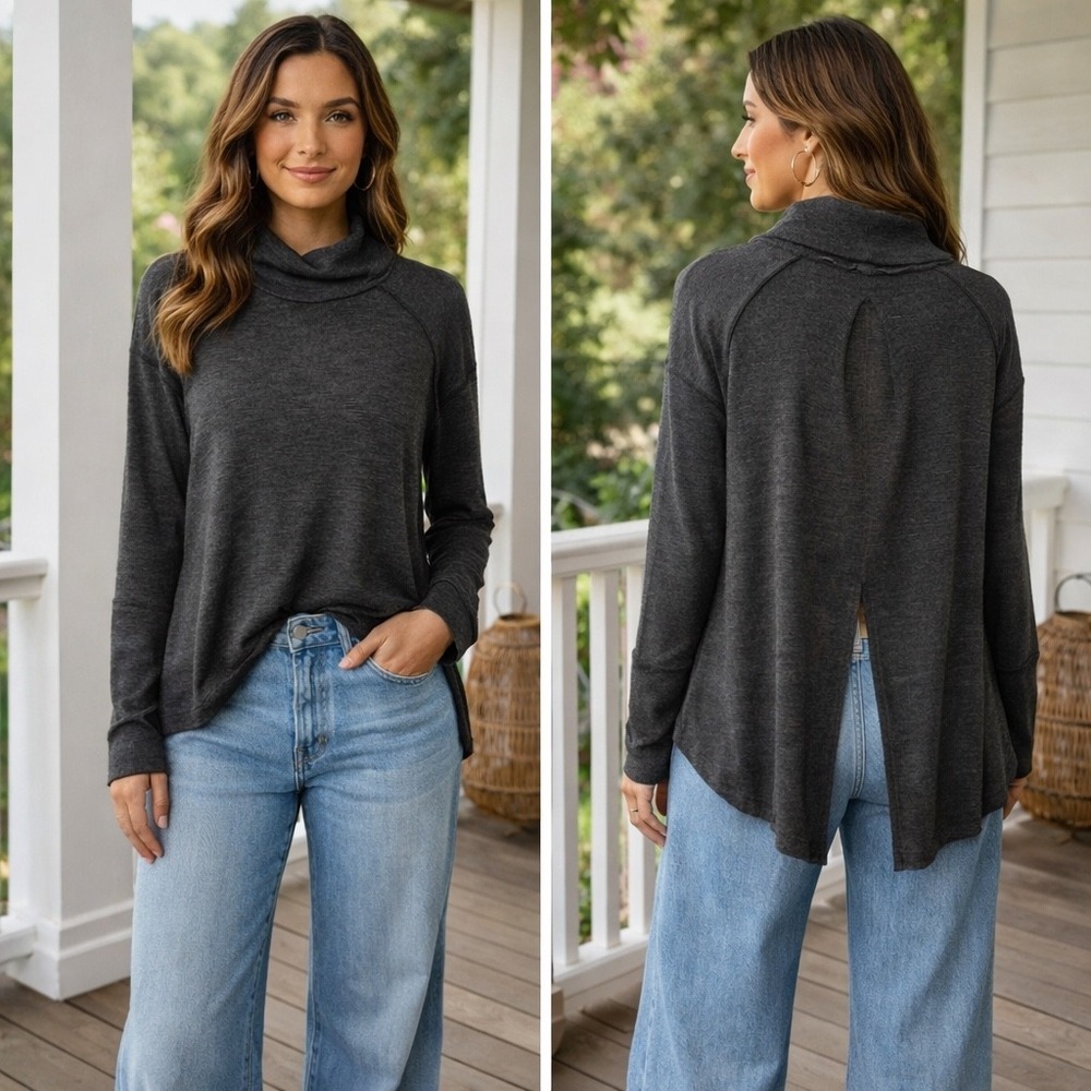 We The Free Free People Chic Charcoal Grey Funnel Neck Open Split Back Top Small